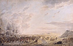 Peinture de Dirk Langendijk représentant le débarquement britannique à Calantsoog au nord de la Hollande