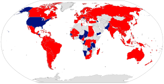 A world map showing countries colored in blue (permissive jurisdiction), red (restrictive jurisdiction), and white (no data).
