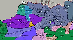 A color map centred on Afghanistan, which marks the areas held by different polities