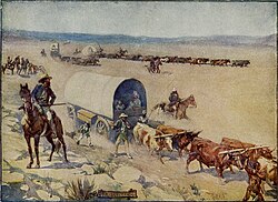 A romantic depiction of settlers in covered wagons, driving lifestock