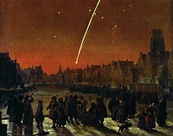 Schilderij van een donker silhouet van een stad met inde roodbruine hemel een komeet: een ster met een staart.