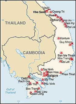 Map of South Vietnam detailing major Viet Cong targets during the 1968 Tet Offensive