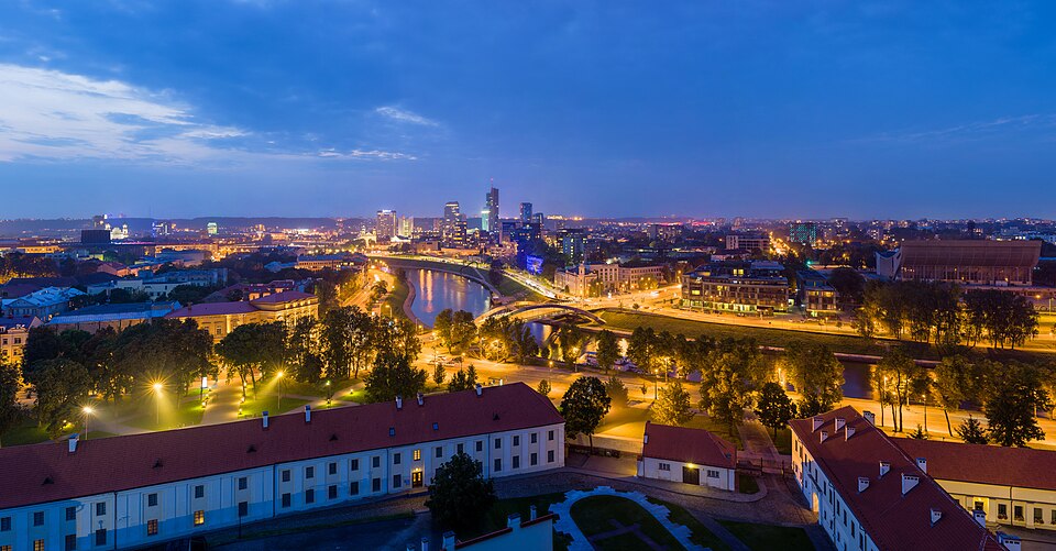 Aerial view of the skyline and a bridge