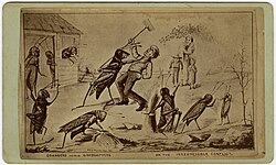 Illustration of grasshoppers attacking farmers.