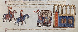 Photographie de la page d'un manuscrit dépeignant l'entrée d'un homme à cheval dans une cité.