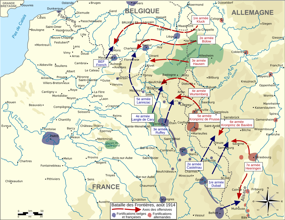 Carte montrant par des flèches les armées allemandes et françaises se fonçant droit dessus.