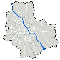 Mapa konturowa Warszawy, blisko centrum na prawo znajduje się punkt z opisem „Bankowe Przedsiębiorstwo Telekomunikacyjne „Telbank” S.A.”