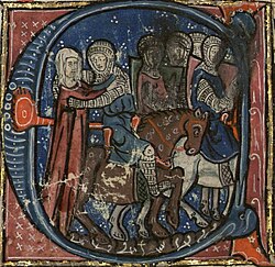 A man riding a horse embraces a woman