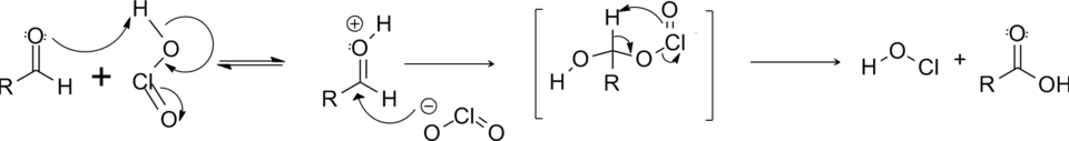 Oxygen of generic aldehyde is protonated with chlorous acid as proton source. Oxygen of chlorite, the conjugate base of chlorous acid, performs nucleophilic attack on carbonyl carbon of the protonated aldehyde. The resulting tetrahedral intermediate is drawn in brackets. Curved arrows depict a pericyclic fragmentation in which the O-Cl pi bond, C-H sigma bond, and O-Cl sigma bond breaks to form an O-H sigma bond and C-O pi bond. The products depicted are hypochlorous acid (as a side product) and a generic carboxylic acid.