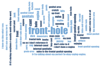 A word cloud of various terms used by transmasculine people for their vaginas, with the largest ("front-hole") in the center