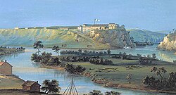 Peinture d'une fortification située sur un promontoire rocheux surplomant une rivière.