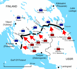 Diagramme de l’isthme de Carélie, à côté de Léningrad, illustrant les positions des troupes soviétiques et finlandaises au début de la guerre. L’Armée rouge pénètre de 25 à 50 km sur le territoire finlandais avant d’être stoppée par la ligne défensive Mannerheim.