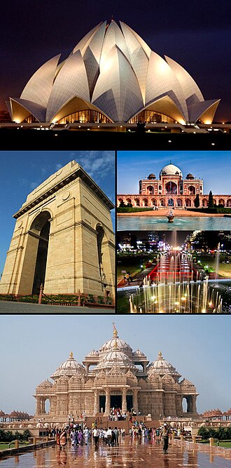 De cima para baixo e da direita para a esquerda: 1) Templo de Lótus; 2) Porta da Índia; 3) Túmulo de Humaium; 4) Praça Connaught; 5) Templo de Akshardham