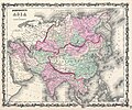 Mapa de 1861 de A. J. Johnson, com a convenção moderna: Grande Cáucaso, rio Ural, Urais.