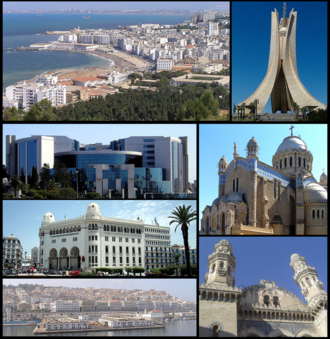Searah jarum jam dari atas kiri: Bangunan sepanjang Pantai Mediterania Aljir, Martyrs Memorial, Notre Dame d'Afrique, Masjid Ketchaoua, Casbah, Grand Post Office dan Menteri Keuangan Aljazair