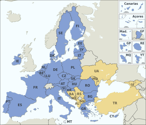 L'Unioni Europea (stati ntô blè), e li cannidati (n rusa).