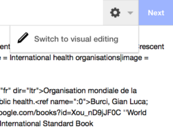 Screenshot showing the menu for switching from the wikitext editor to the visual editor