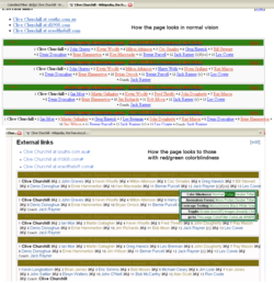 Top: A navigation bar on a Wikipedia article using a custom red-text-on-green-background color scheme for its headers. Bottom: In simulated red–green color blindness, contrast between the two colors is lost, making the header text very difficult to read.