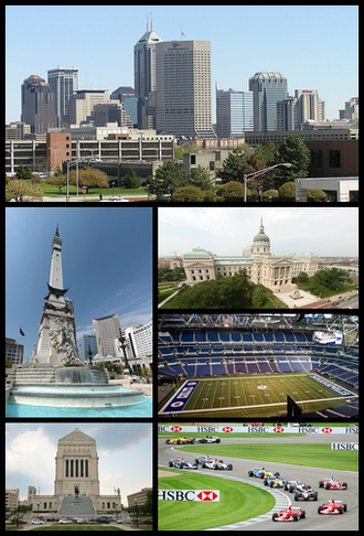 Medsols från överst: Centrala Indianapolis sett från IUPUI, Indiana Statehouse, Lucas Oil Stadium, Indianapolis Motor Speedway, Indiana World War Memorial Plaza och Soldiers' and Sailors' Monument.