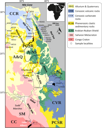 Peta Afrika timur laut, tempat berbagai area diwarnai berbeda yang menunjukkan usia geologi batuan yang ditemukan di setiap wilayah.