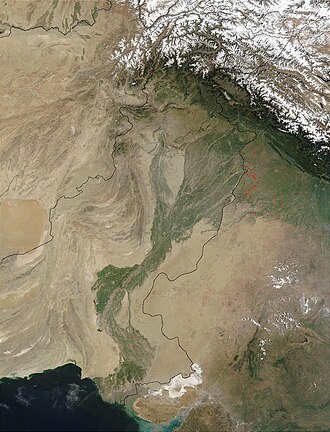 Satellite image of the Indus River basin in Pakistan, India, and China.