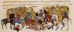 Illumination of battle scene with cavalry and foot soldiers.