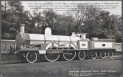 Sent to the Chicago Exhibition in 1893 where it gained the gold medal for excellence of workmanship and subsequently ran a L.&N.W. train from Chicago to New York, the only British train ever to run in America. Specially painted white and with the Royal Arms in honor of Queen Victoria's Jubilee in 1897. Has run 511,366 miles to end of Dec. 1905. Compound passenger engine "Queen Empress". Built 1893. Driving wheels 7ft diameter (L & N. W. Railway.)