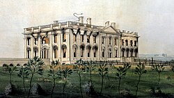 Das Weiße Haus nach dem Brand von Washington, bei dem Brandspuren klar sichtbar sind. Keine anderen Gebäude sind zu sehen.