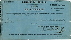 Aktie i Banque du Peuple grundlagt af Pierre-Joseph Proudhon den 31. januar 1849 med en nominel værdi på 5 francs, klar til udstedelse i februar 1849 og underskrevet af Proudhon selv