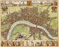 Map of London from Westminster to Wapping, with small pictures of London landmarks at the bottom