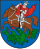 A coat of arms depicting a man in full body armour riding a brown horse that is tramplinga green dragon spewing red flames from its mouth