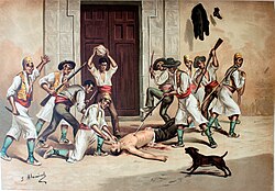 Painting of Valencian peasants stabbing their mayor, who is shirtless and on the ground, with bayonets