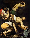 Caravaggio: Crucificação de São Pedro, 1600-1601. Igreja de Santa Maria del Popolo, Roma
