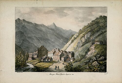 Lithograph of a painting of a small village of multiple townhomes visible between two mountains, one mountain is in the foreground with features coloured and visible.