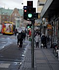 Separate traffic light for motorists and cyclists on cycle track in Denmark