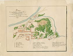 Ancienne carte de Vilnius représentant les bâtisses, au centre, et les cours d'eau qui la traversent.