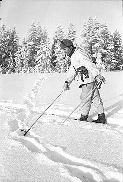 Un soldat finlandais à ski, coiffé d’un bonnet de fourrure et une pipe à la bouche, montre du bâton une trace laissée dans la neige par des soldats soviétiques en fuite. Les troupes finlandaises sont à leur poursuite.