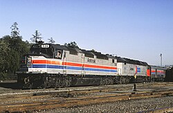 A passenger train led by two diesel locomotives. The first locomotive has a black roof, light gray sides, and red and blue horizontal stripes separated by a thin white stripe. The second locomotive has a black roof, gray sides, and a red-and-blue Amtrak logo on the side.