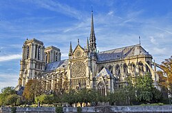 Notre-Dame de Paris, constructed between 1163 and 1260. Romanesque and Gothic architecture flourished during the High Middle Ages.