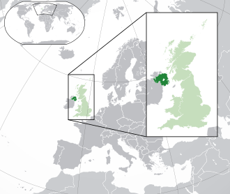 Irlanda de Nord în componența Regatului Unit (verde)și a Europei (verde și gri închis)