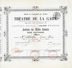 Akcja Théatre de la Gaité na 1000 franków, wydana 19 sierpnia 1873 roku w Paryżu, podpisana w oryginale przez Jaquesa Offenbacha jako dyrektora. Offenbach odnowił teatr od podstaw, by 2 września 1873 roku otworzyć go na nowo inscenizacją dramatu Le Gascon Théodore'a Barière'a, do którego sam napisał muzykę. Offenbach zainwestował 360 000 franków w produkcję dramatu historycznego La Heine Victoriena Sardou, którego premiera odbyła się 3 grudnia 1874 roku, ale nie odniosła ona sukcesu, co ostatecznie doprowadziło do rozwiązania spółki.
