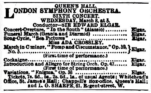 Advertisement detailing the seven works by Elgar to be played at the concert