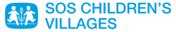 White text reading SOS Children's Villages next to a red house icon on a blue background