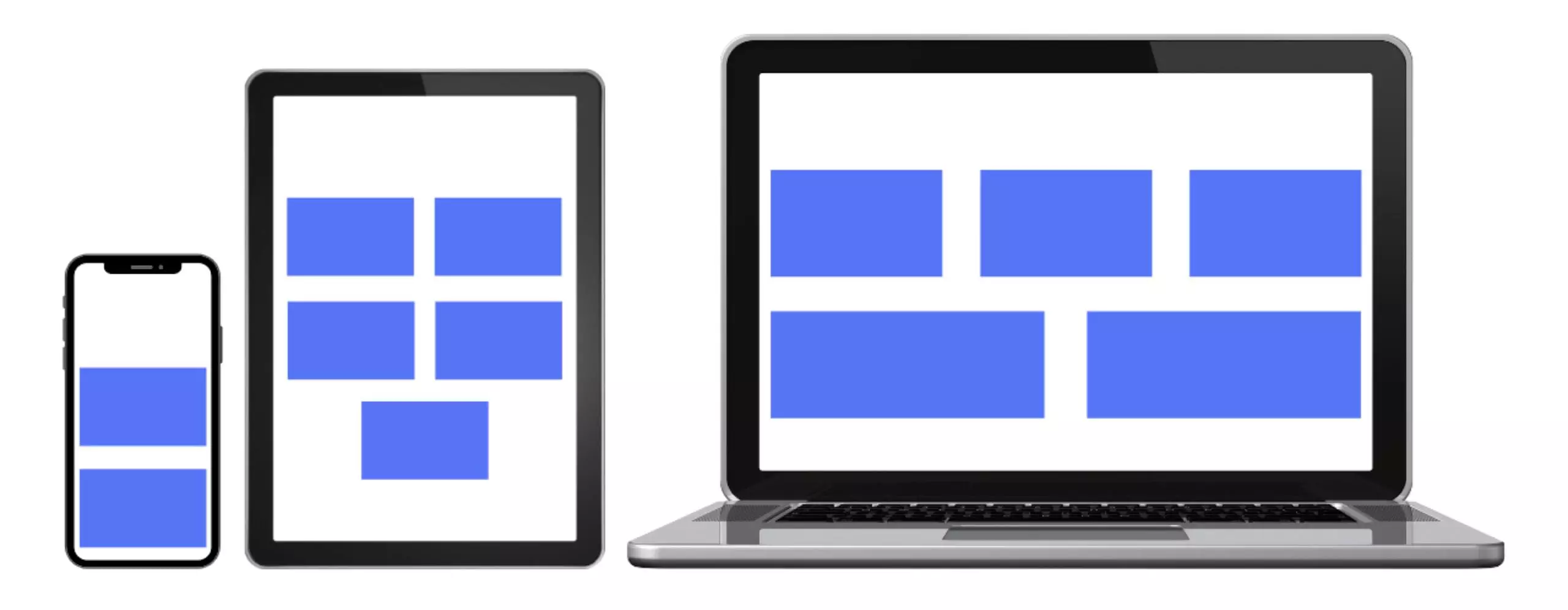 A representation of elements appearing differently on smartphone, laptop and desktop screens