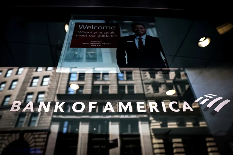 FILE PHOTO: A Bank of America logo is seen on the entrance to a Bank of America financial center in New York City, U.S., July 11, 2023. REUTERS/Brendan McDermid/File Photo