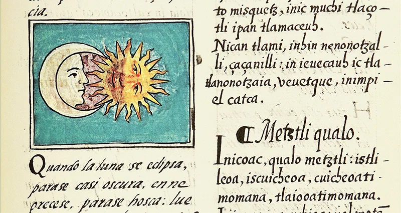 Detail of the 16th-century Florentine Codex, showing a lunar eclipse. Arizona State University Hispanic Research Center. Detail of the 16th-century Florentine Codex, showing a lunar eclipse. Arizona State University Hispanic Research Center.