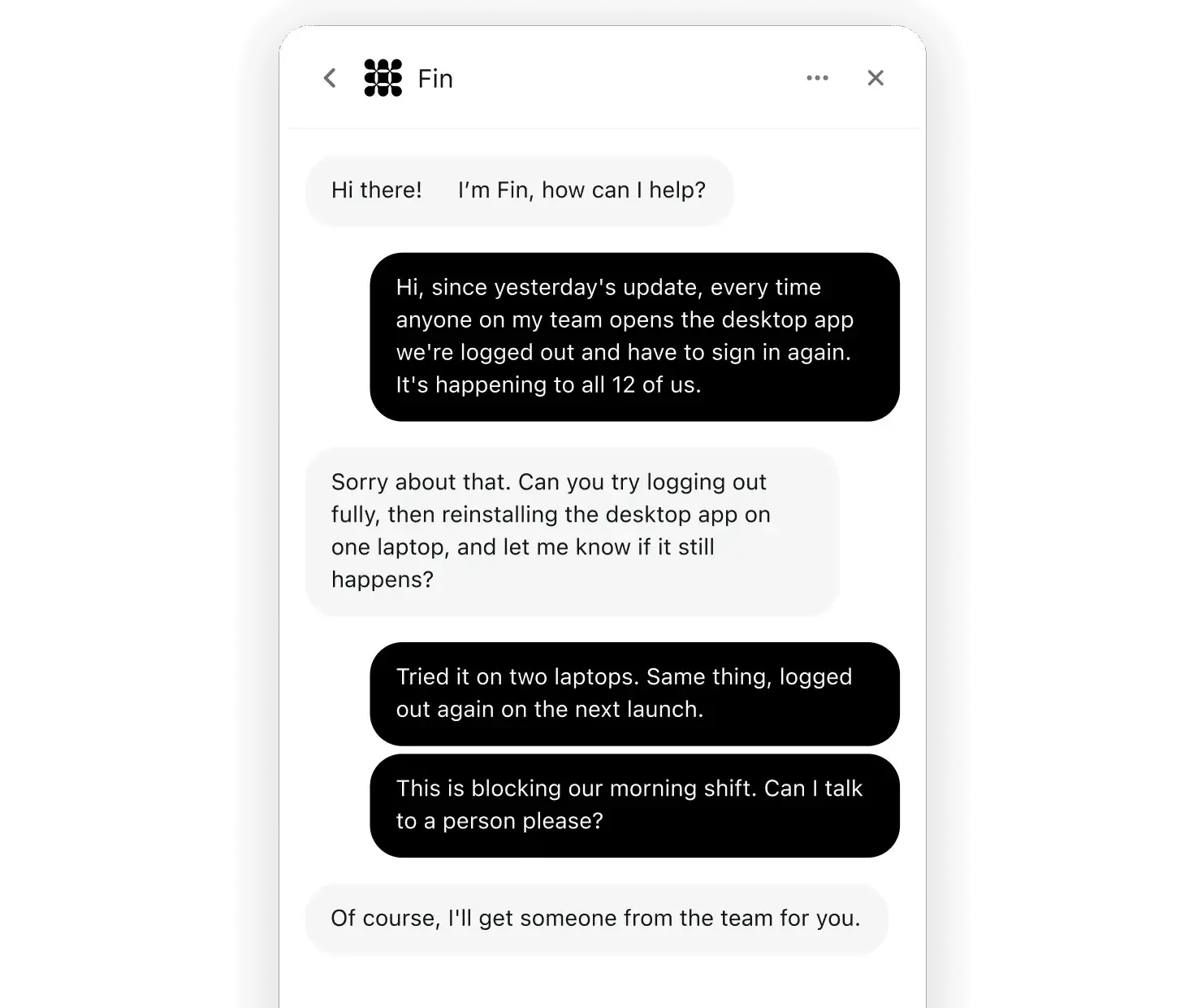 Fin troubleshooting a desktop app sign-in issue in the messenger before handing off to the team