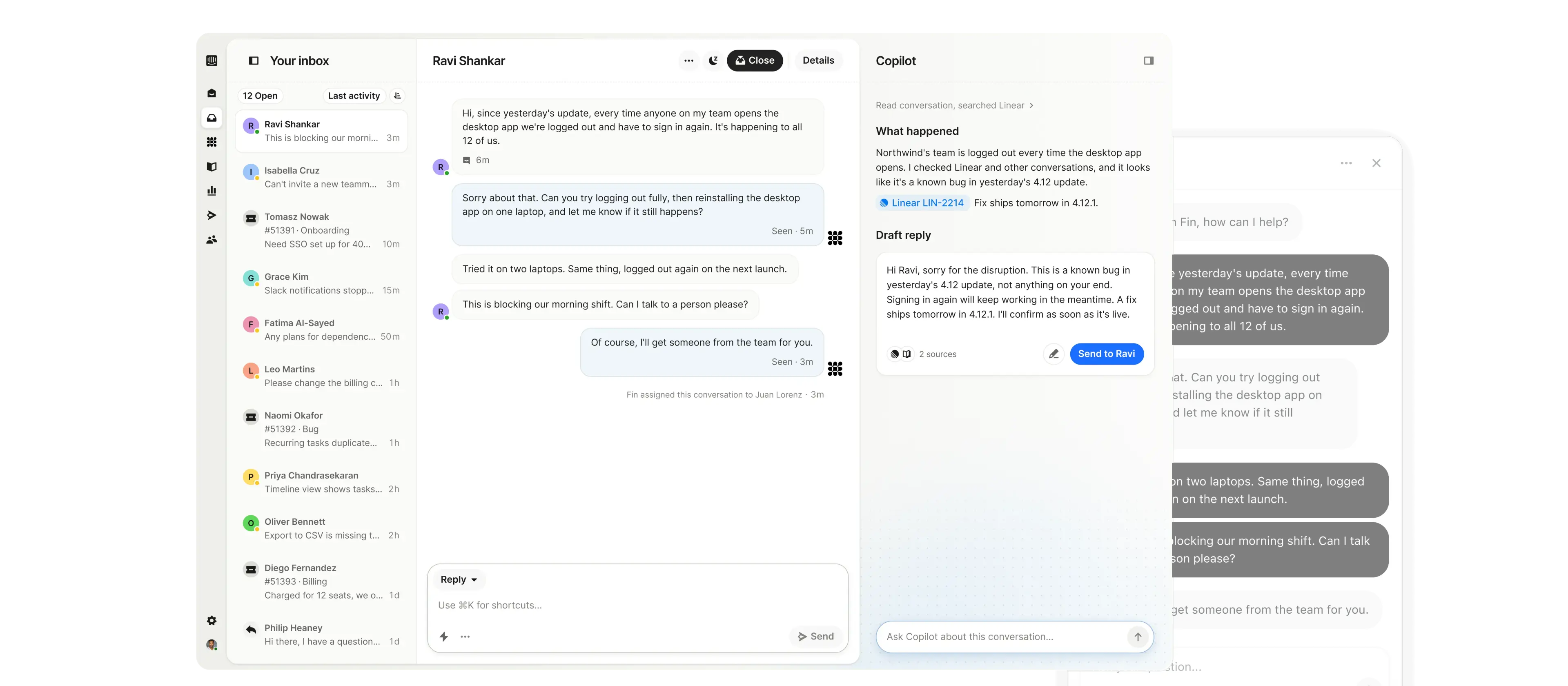Intercom inbox showing a desktop app sign-in issue with Copilot drafting a reply, alongside the customer's messenger