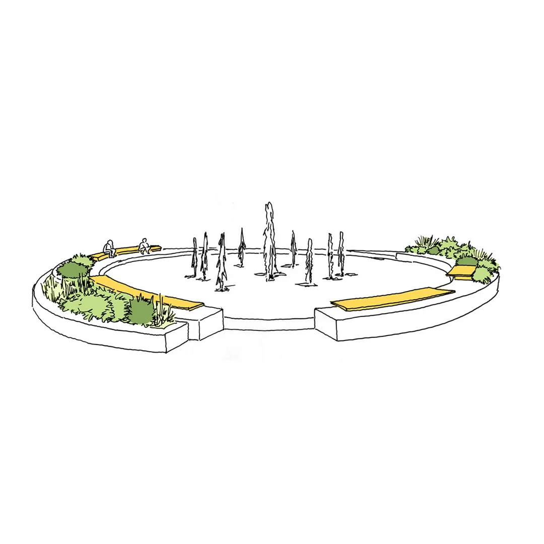 Ergebnis Entscheidungswerkstatt Brunnen Ein Brunnen, der von zwei Elementen umrundet wird, die aus Sitzbänken und Begrünung bestehen.