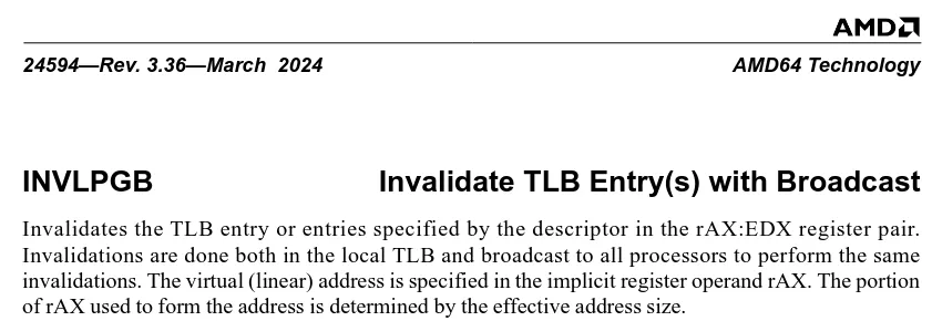 AMD INVLPGB documentation
